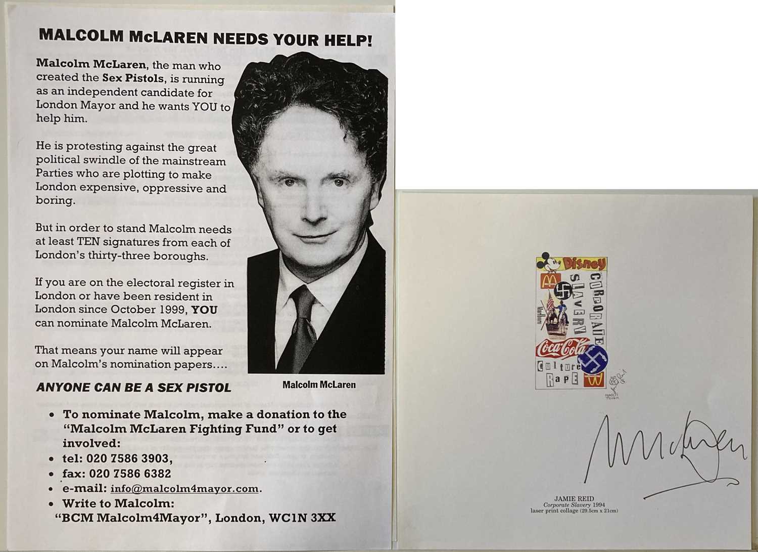 Lot 356 - MALCOLM MCLAREN SIGNED JAMIE REID ARTWORK