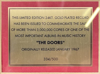 Lot 465 - THE DOORS - LIMITED EDITION 24K GOLD AWARD WITH BAND SIGNATURES.