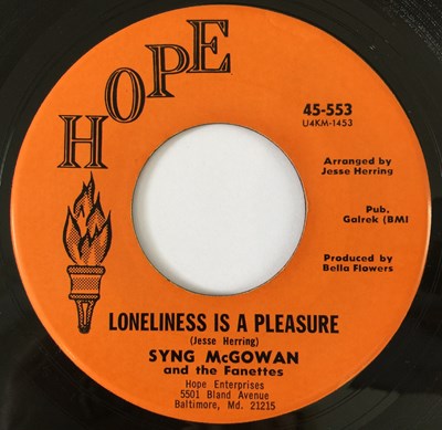 Lot 38 - SYNG MCGOWAN - LONELINESS IS A PLEASURE/ JUST IN THE NICK OF TIME 7" (US SOUL - HOPE 45-553)