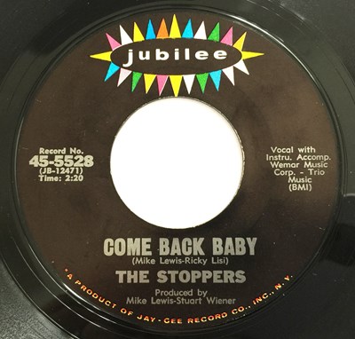 Lot 210 - THE STOPPERS - COME BACK BABY / THE LA LA SONG 7" (JUBILEE - 45-5528)