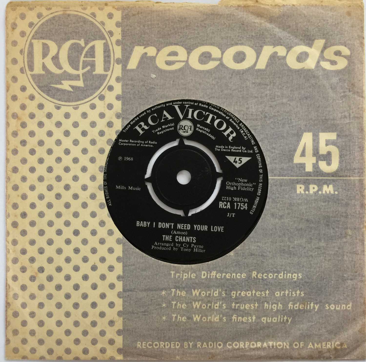 Lot 222 - THE CHANTS - BABY I DON'T NEED YOUR LOVE (RCA VICTOR - RCA 1754)