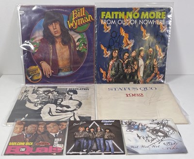 Lot 238 - ROCK / CLASSIC ROCK AND POP SIGNED LP SLEEVES INC FAITH NO MORE / STATUS QUO / BILL WYMAN.