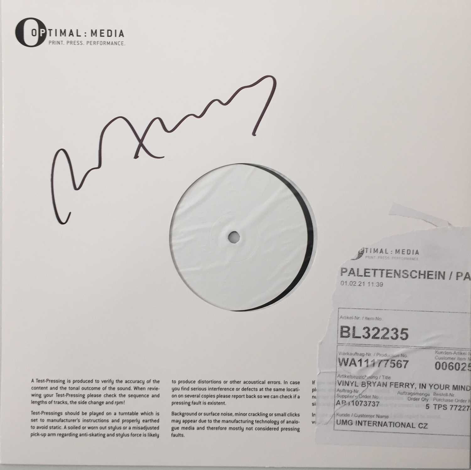 Lot 26 - BRYAN FERRY - IN YOUR MIND (2016 SIGNED TEST PRESSING - BFLP4)