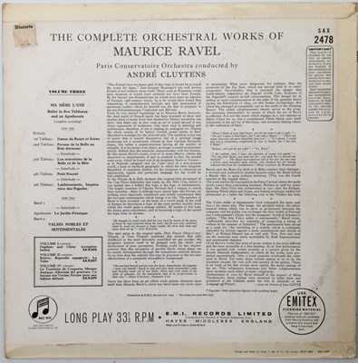 Lot 13 - ANDRE CLUYTENS - RAVEL COMPLETE ORCHESTRAL WORKS LP (ORIGINAL UK STEREO RECORDING - COLUMBIA SAX 2478)