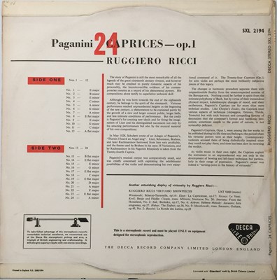 Lot 18 - RUGGIERO RICCI - PAGANINI 24 CAPRICES LP (ORIGINAL UK STEREO RECORDING - DECCA SXL 2194).