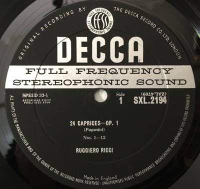 Lot 18 - RUGGIERO RICCI - PAGANINI 24 CAPRICES LP (ORIGINAL UK STEREO RECORDING - DECCA SXL 2194).