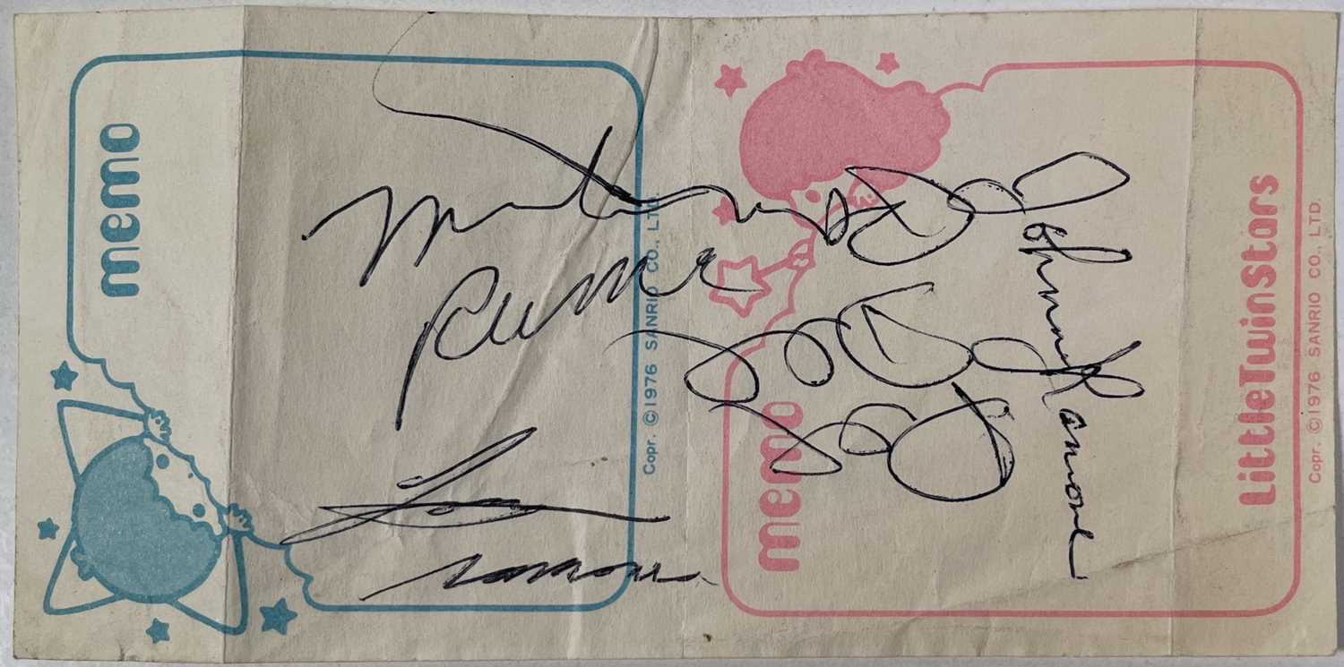 Lot 250 - THE RAMONES - A 1978 NOTE SIGNED BY JOEY, DEE DEE, JONNY, MARKY.