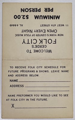 Lot 470 - BOB DYLAN, A HANDWRITTEN NOTE ON REVERSE OF AN ORIGINAL 'GERDE'S' TICKET ON HOW TO VISIT WOODY GUTHRIE IN HOSPITAL, 1961.