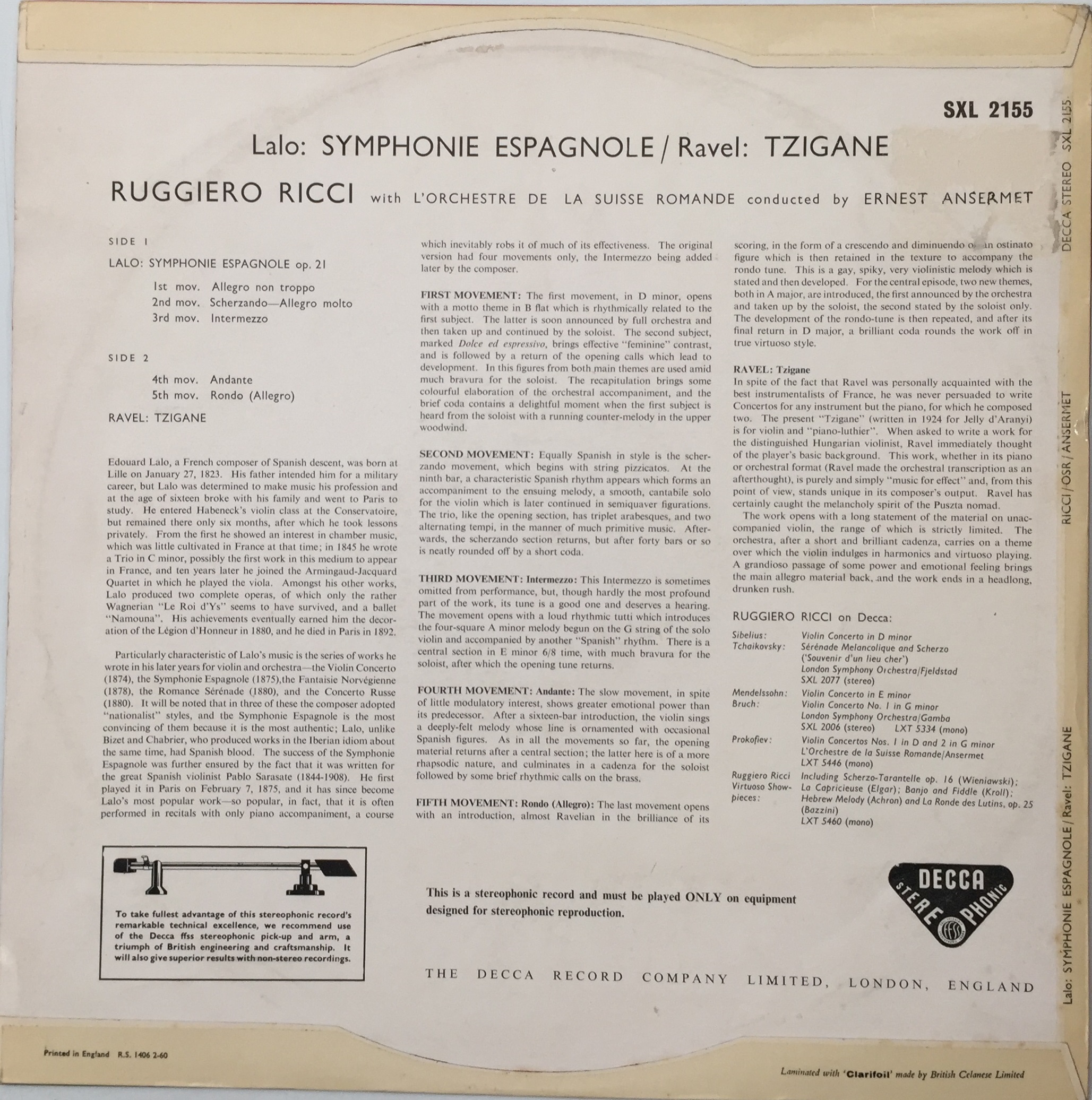 英Decca SXL2155　ラロ「スペイン交響曲」　リッチ　アンセルメ Amazon.co.jp: ラロ:スペイン交響曲: ミュージック