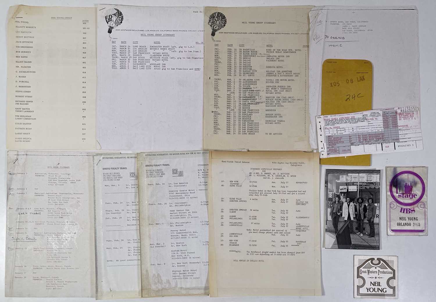 Lot 491 - NEIL YOUNG AND CRAZY HORSE - ORIGINAL 1970 TOUR ITINERARY / PLANE TICKET / PASSES.