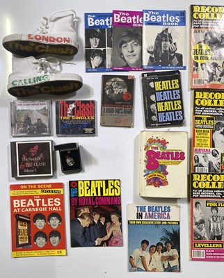 Lot 72 - ASSORTED MEMORABILIA - THE CLASH - A PAIR OF CONVERSE ALLSTARS SHOES/ BEATLES MEMORABILIA INC BROOCH.