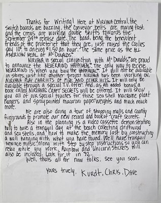 Lot 492 - NIRVANA - THREE 1991 FAN CLUB LETTERS -INCLUDING ONE SIGNED.