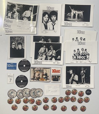 Lot 497 - 10CC - MEMORABILIA INC PHOTOS/BADGES/SIGNED POSTCARD.