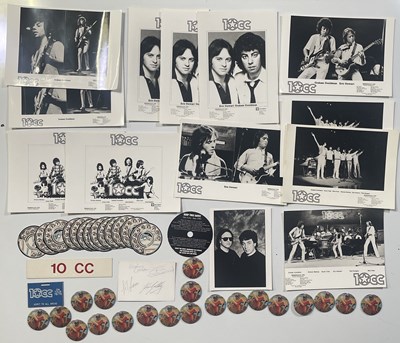 Lot 498 - 10CC MEMORABILIA PACK - BADGES / PHOTOS / AUTOGRAPHED POSTCARD / STAGE PASSES.