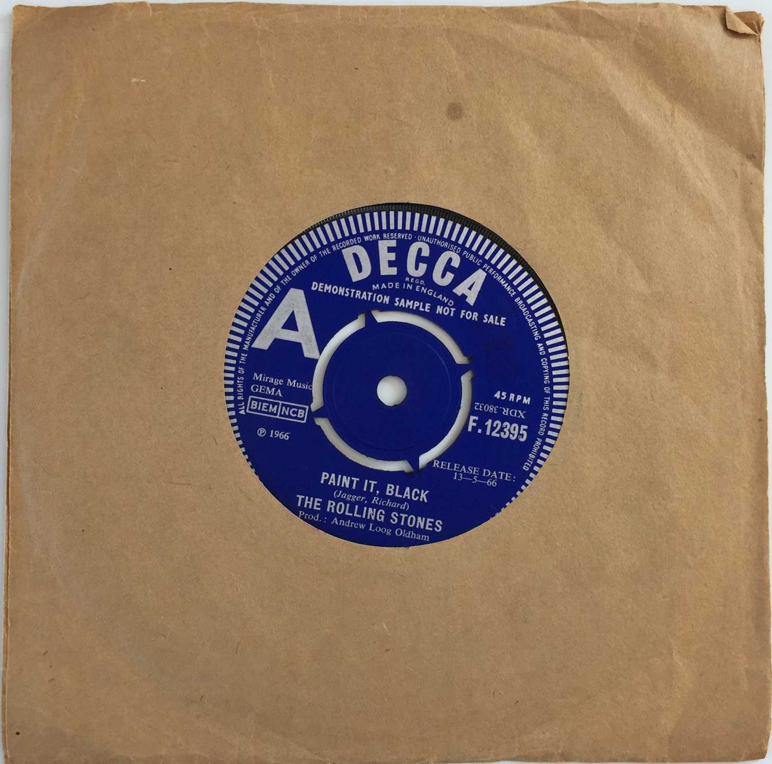 Lot 64 - THE ROLLING STONES - PAINT IT, BLACK 7" (ORIGINAL UK DEMO - DECCA F 12395)