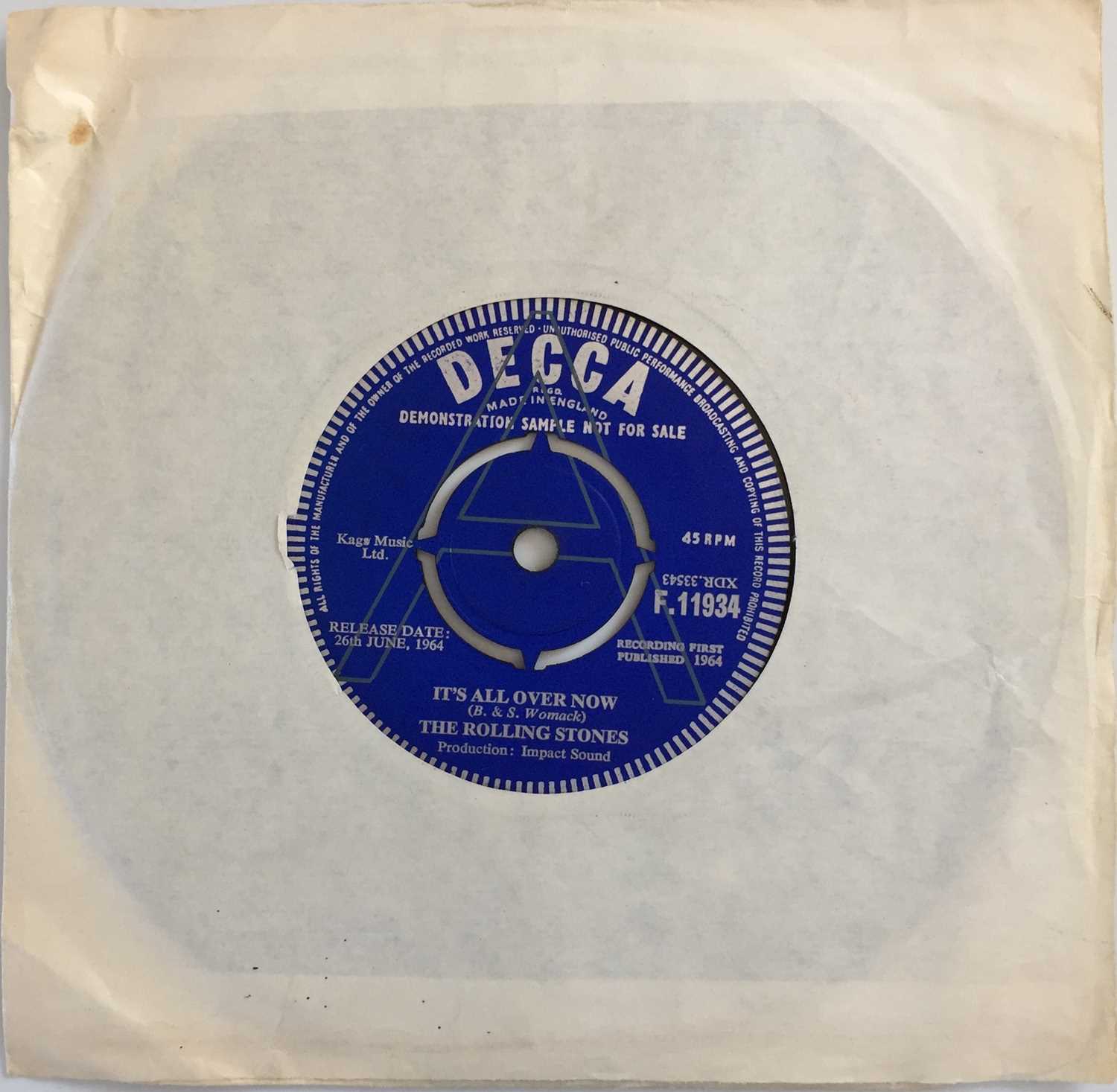 Lot 69 - THE ROLLING STONES - IT'S ALL OVER NOW 7" (ORIGINAL UK DEMO - DECCA F 11934)
