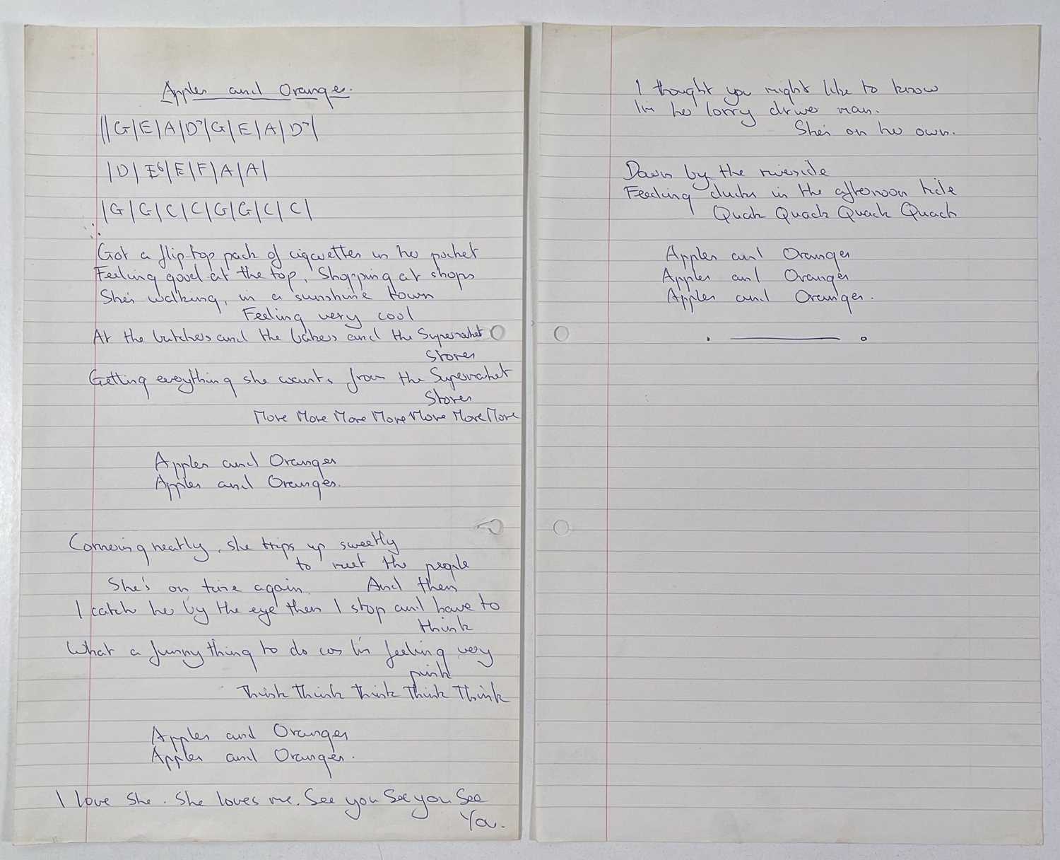 Pink Floyd Script Lot 430 - PINK FLOYD - HANDWRITTEN LYRICS BY SYD