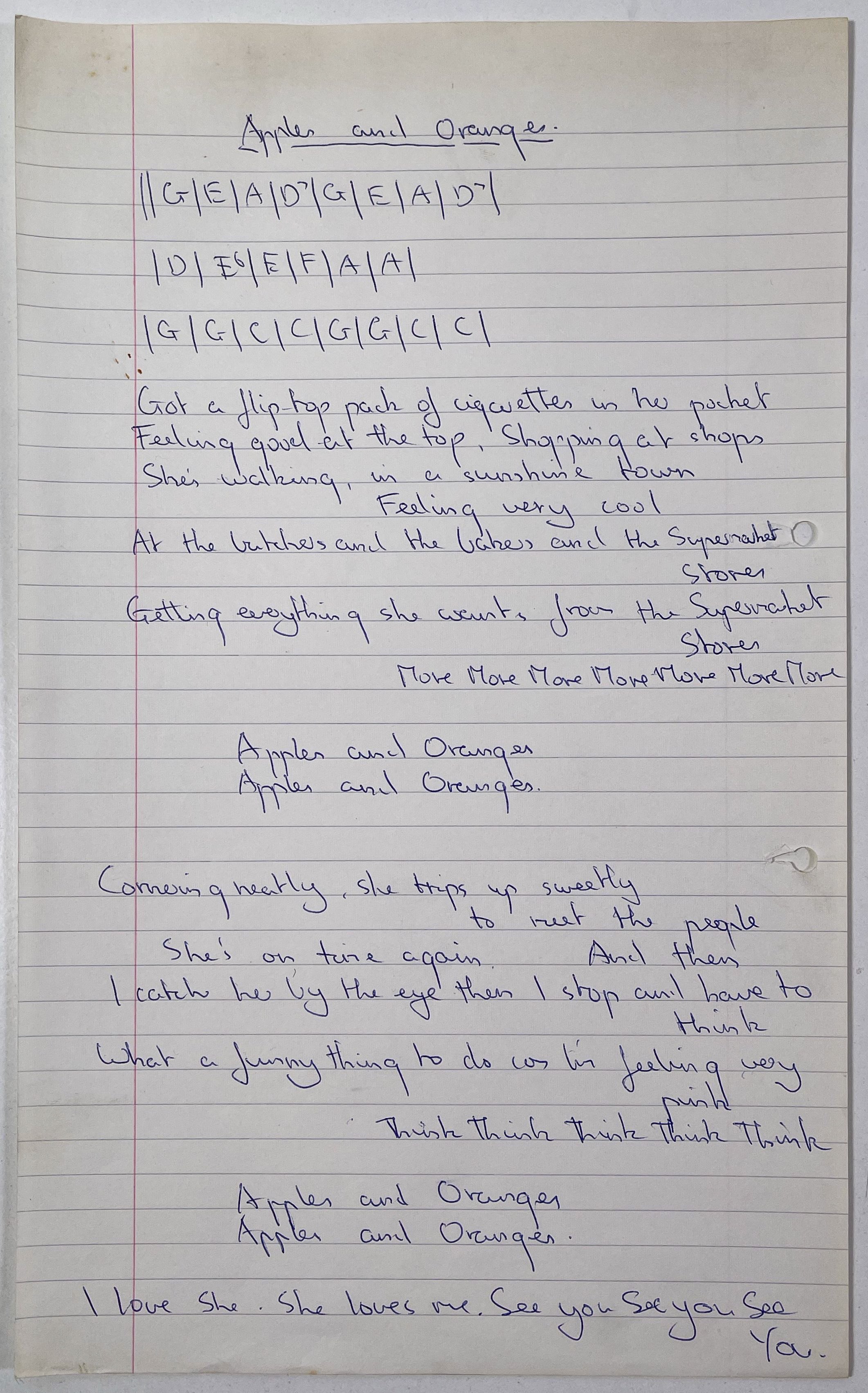 Lot 430 PINK FLOYD HANDWRITTEN LYRICS BY SYD