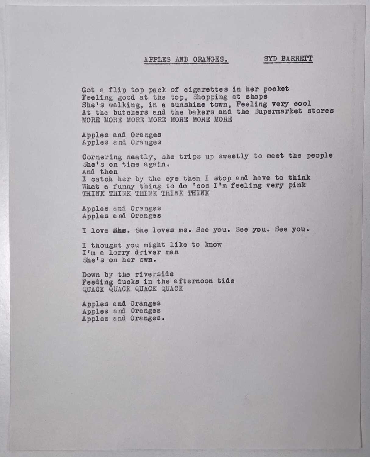 Lot 430 PINK FLOYD HANDWRITTEN LYRICS BY SYD