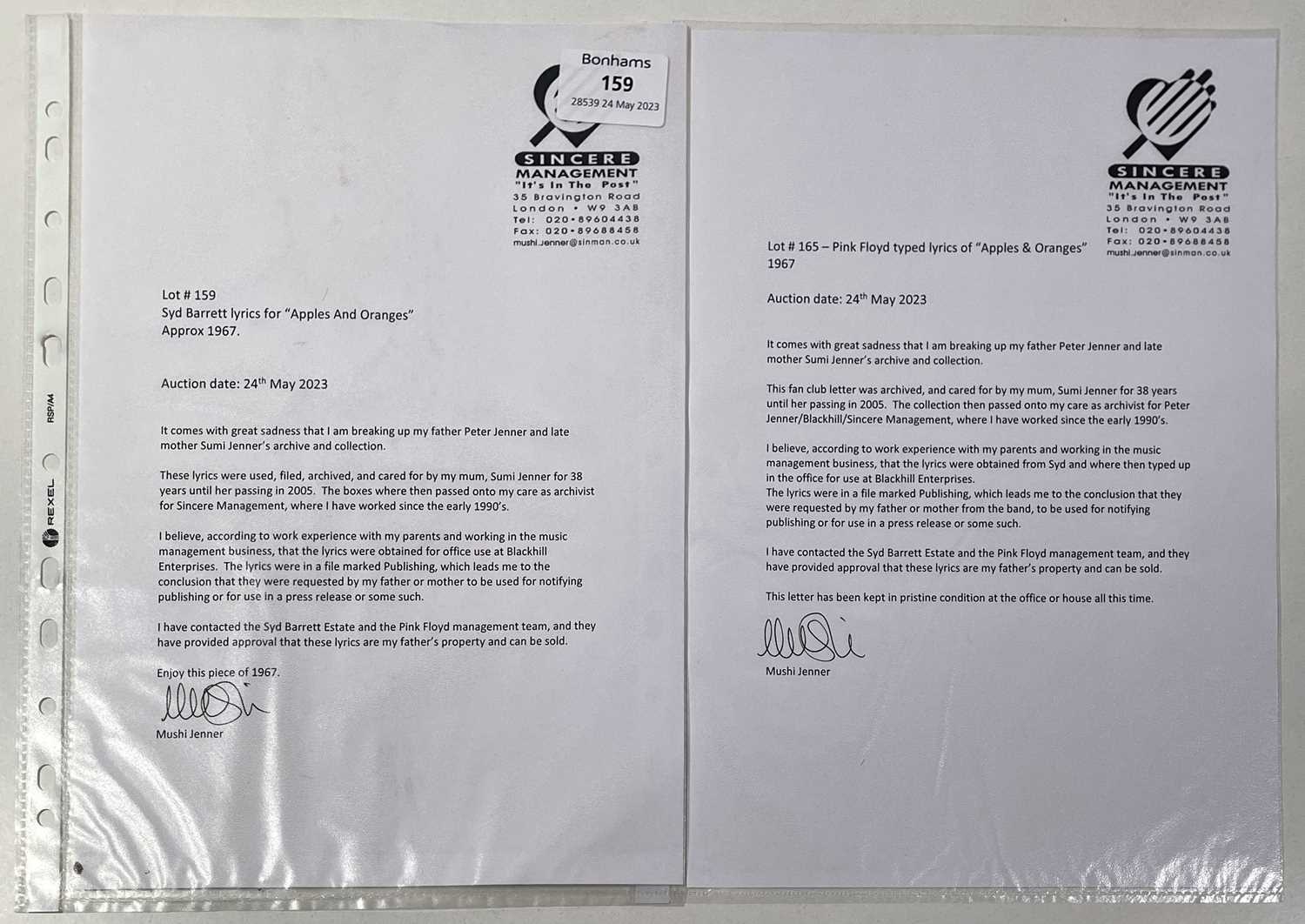 Lot 430 PINK FLOYD HANDWRITTEN LYRICS BY SYD