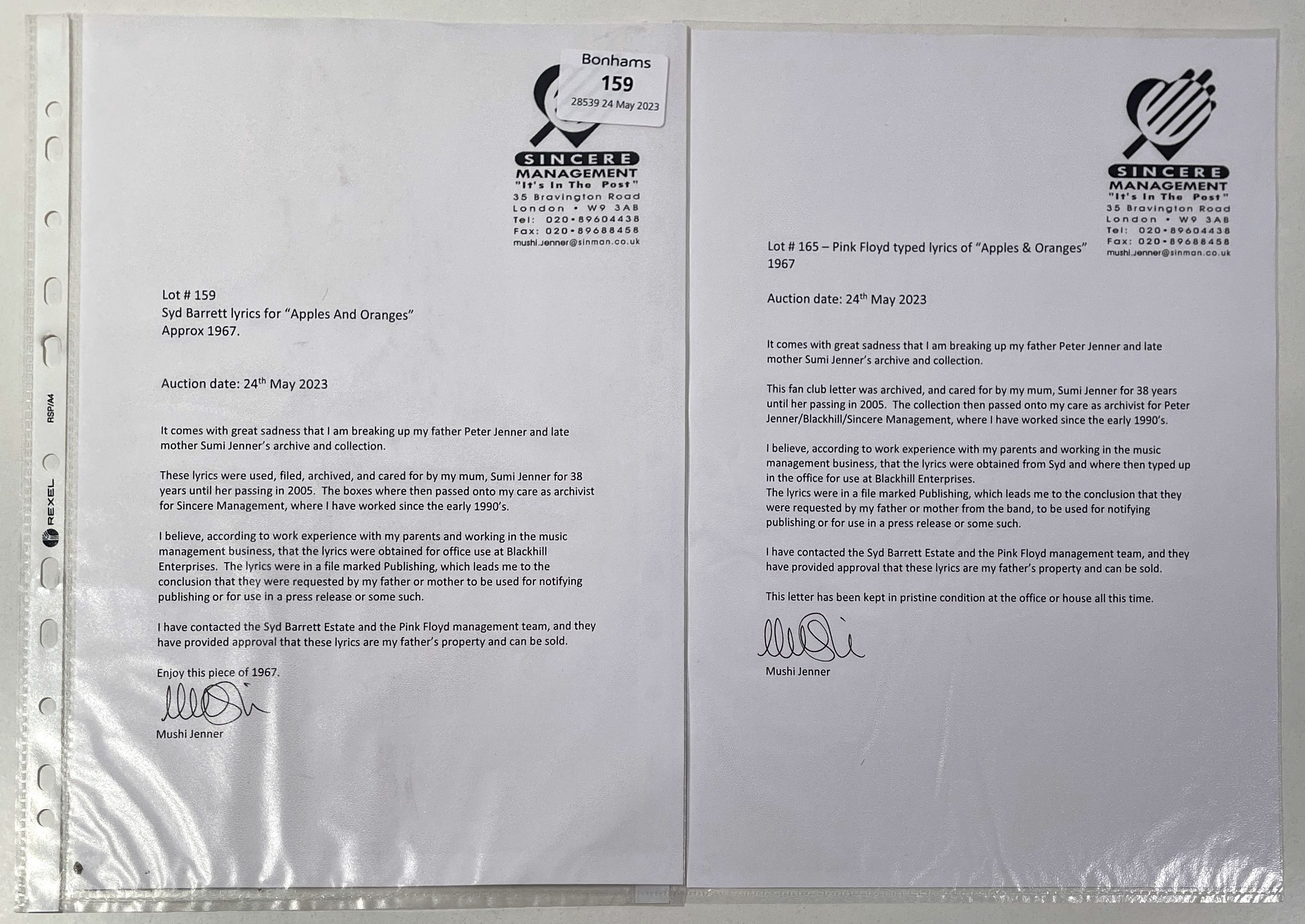 Lot 430 PINK FLOYD HANDWRITTEN LYRICS BY SYD