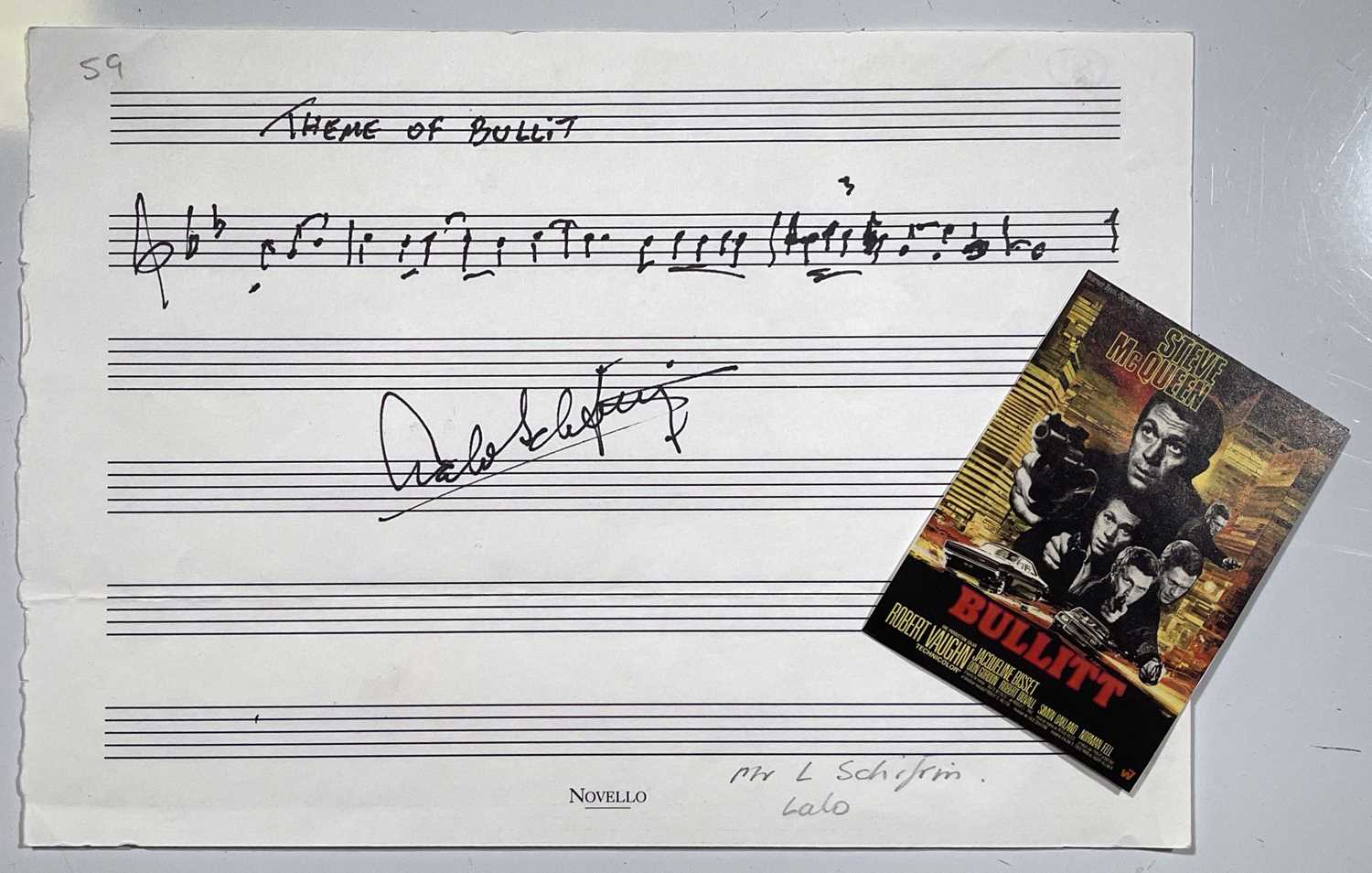 Lot 321 - LALO SHIFRIN - HANDWRITTEN AND SIGNED 'BULLIT' THEME NOTATION.