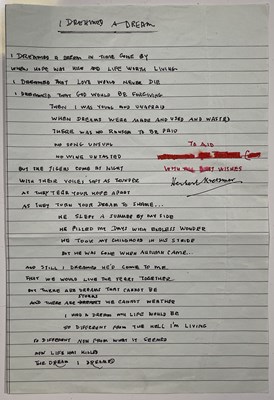 Lot 321E - HERBERT KRETZMER - I DREAMED A DREAM - LES MISERABLE - HANDWRITTEN SIGNED LYRIC SHEET.