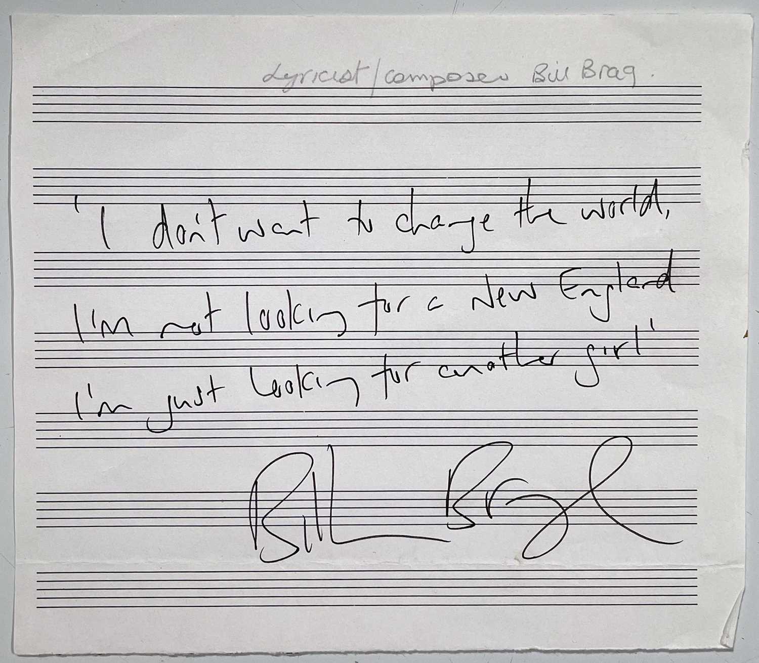 Lot 321 - BILLY BRAGG - HANDWRITTEN AND SIGNED BILLY BRAGG NEW ENGLAND LYRICS.