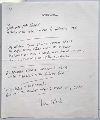 Lot 321H - 007 INTEREST - HANDWRITTEN LYRICS FOR BOND THEMES SIGNED BY DON BLACK.