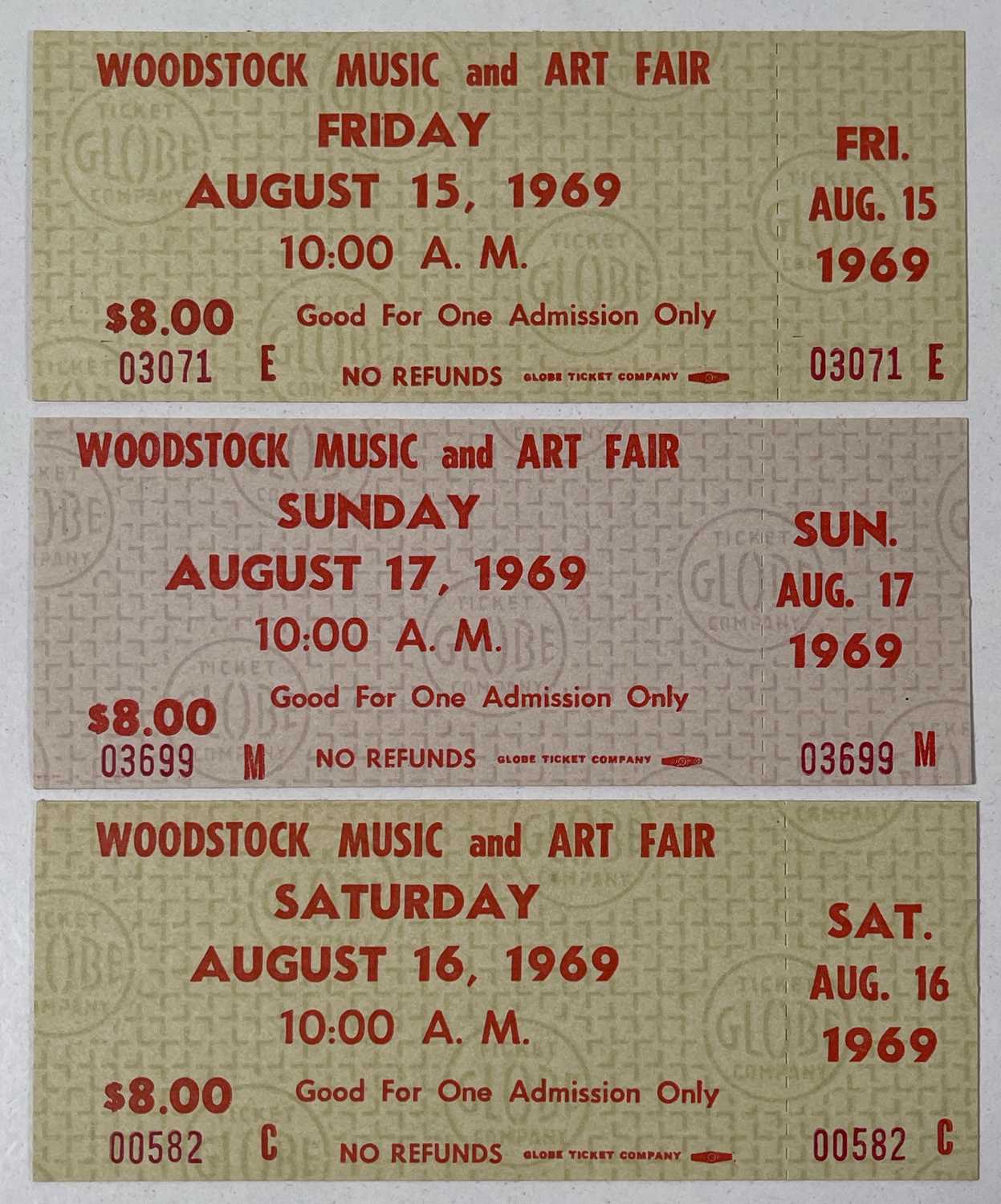 Lot 131 - WOODSTOCK FESTIVAL - A SET OF THREE 'DAY' TICKETS.