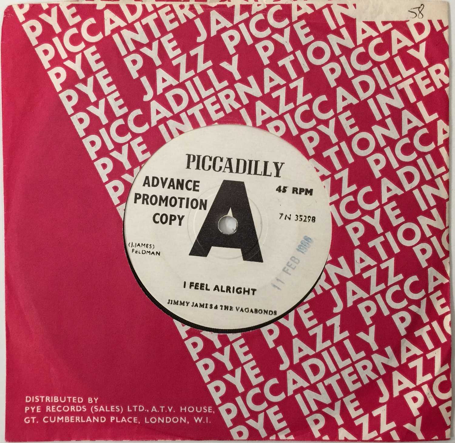Lot 215 - JIMMY JAMES & THE VAGABONDS - I FEEL ALRIGHT 7" (7N 35298 - PICCADILLY - PROMO)