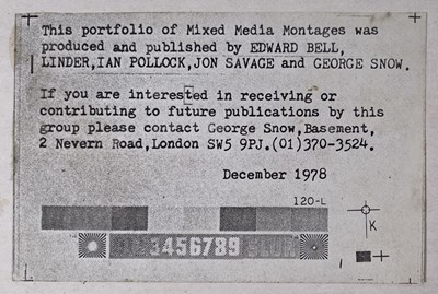 Lot 37 - PUNK / POST-PUNK INTEREST - LINDER STERLING / JON SAVAGE / EDWARD BELL MIXED MEDIA MONTAGES PORTFOLIO (1978).