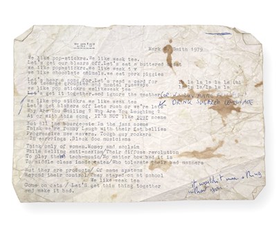 Lot 483 - MARK E. SMITH / THE FALL - MES TYPED LYRICS FOR 'POP STICKERS' WITH ANNOTATIONS.