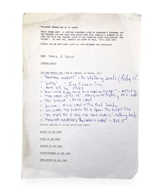 Lot 487 - MARK E. SMITH / THE FALL - MES' HANDWRITTEN 1986 TOP TEN TRACKS.