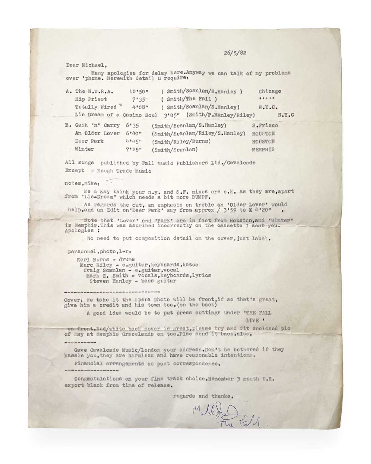 Hand Signed Letter Example Lot 488 - MARK E. SMITH / THE FALL - 1982 HAND-SIGNED