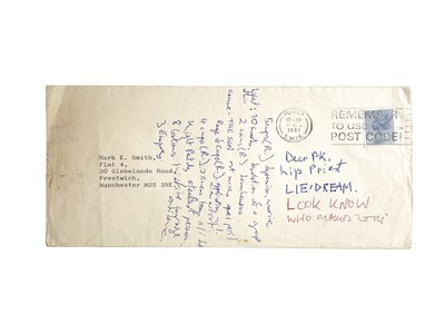 Lot 497 - MARK E. SMITH / THE FALL - HANDWRITTEN NOTES BY MES ON AN ENVELOPE.