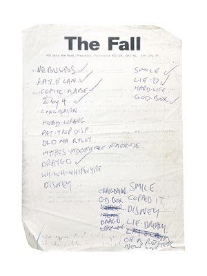 Lot 498 - MARK E. SMITH / THE FALL - MES HANDWRITTEN TRACK LIST ON FALL STATIONERY.