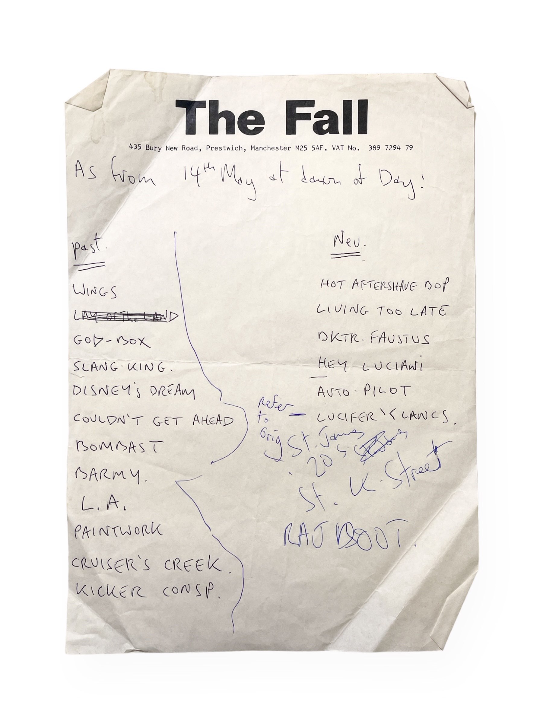 Lot 501 - MARK E. SMITH / THE FALL - HANDWRITTEN TRACK