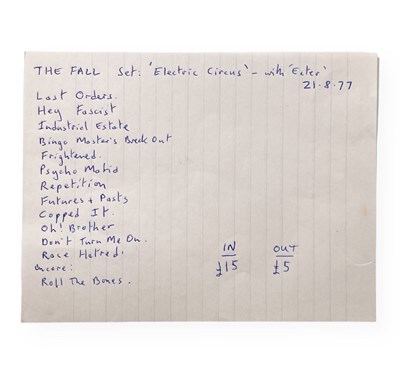 Lot 505 - MARK E. SMITH / THE FALL - HANDWRITTEN SET LIST FOR ELECTRIC CIRCUS, AUG 1977.