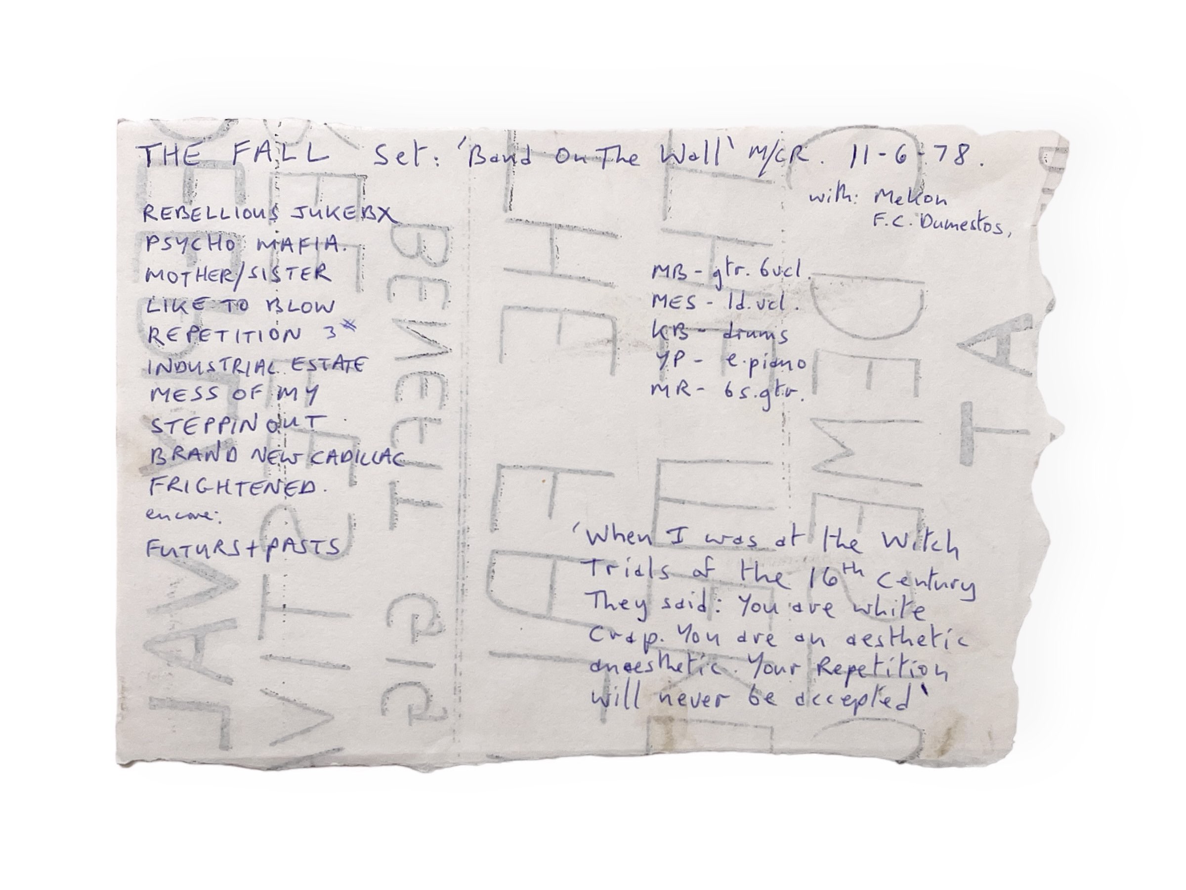 Lot 506 - MARK E. SMITH / THE FALL - HANDWRITTEN SET