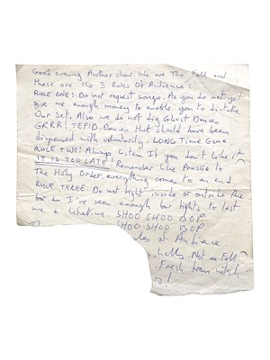 Lot 513 - MARK E. SMITH / THE FALL - MES HANDWRITTEN 'AUDIENCE RULES'.