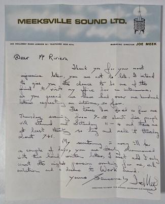 Lot 309 - ROCK / POP HISTORY - JOE MEEK HANDWRITTEN AND SIGNED LETTER ON MEEKSVILLE STATIONERY.