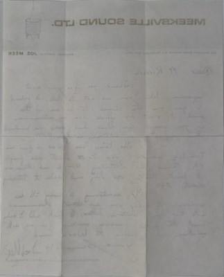 Lot 309 - ROCK / POP HISTORY - JOE MEEK HANDWRITTEN AND SIGNED LETTER ON MEEKSVILLE STATIONERY.