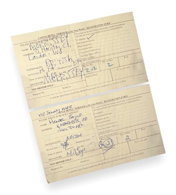 Lot 238 - THE SMITHS - MORRISSEY /. MIKE JOYCE SIGNED 1984 HOTEL REGISTRATION SLIPS.