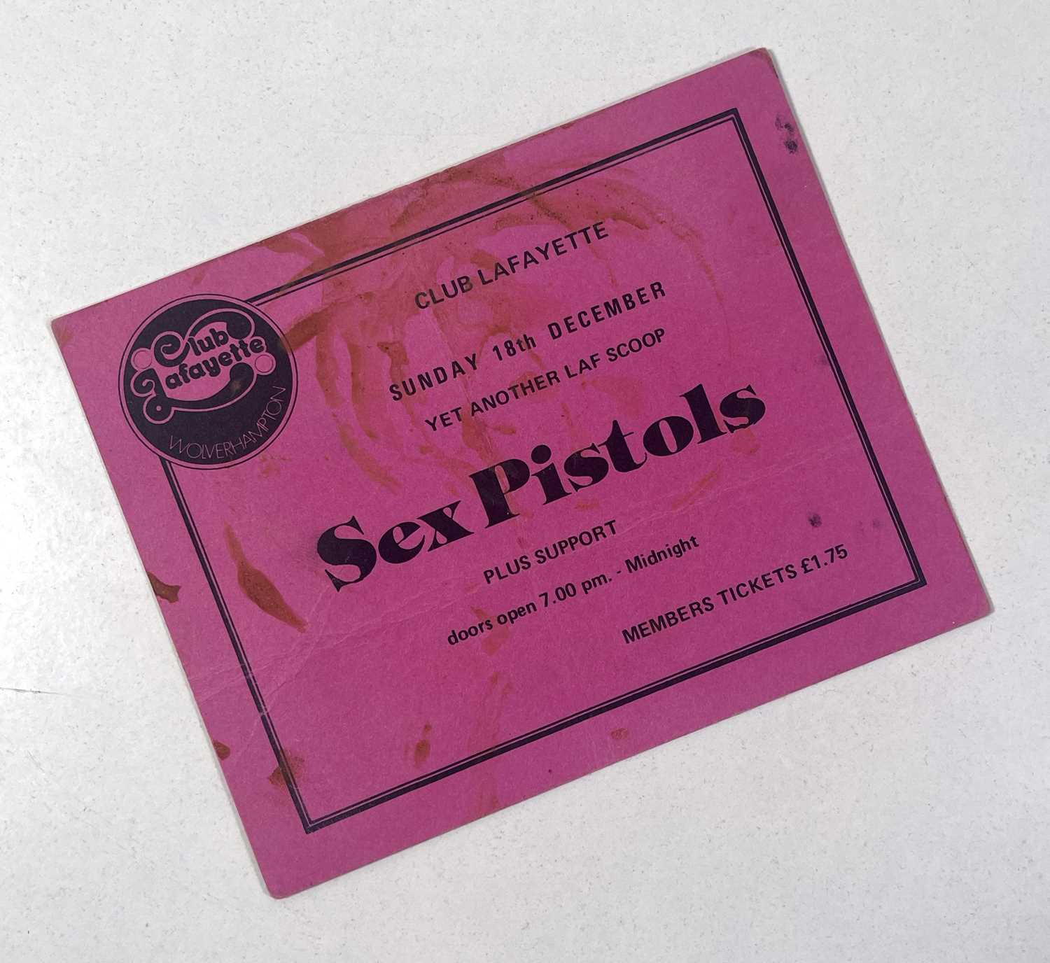 Lot 107 - THE SEX PISTOLS - ORIGINAL CLUB LAFAYETTE WOLVERHAMPTON TICKET.