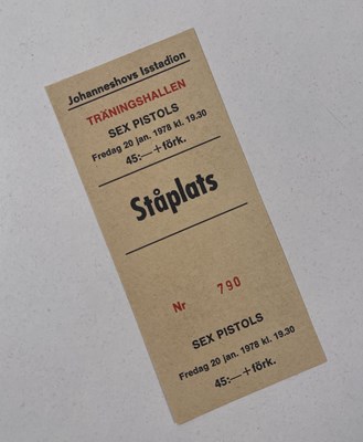 Lot 108 - THE SEX PISTOLS - A RARE ORIGINAL TICKET FOR CANCELLED STOCKHOLM CONCERT 1978.