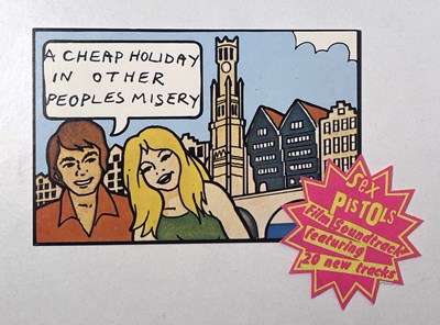 Lot 114 - THE SEX PISTOLS - HOLIDAYS IN THE SUN - ORIGINAL POSTCARD AND STICKER.