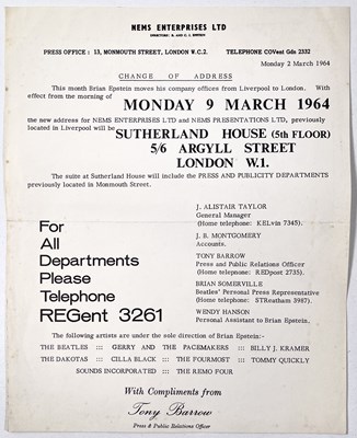 Lot 166 - THE BEATLES - NEMS INTEREST - NEMS CHANGE OF ADDRESS NOTICE, MARCH 1964.