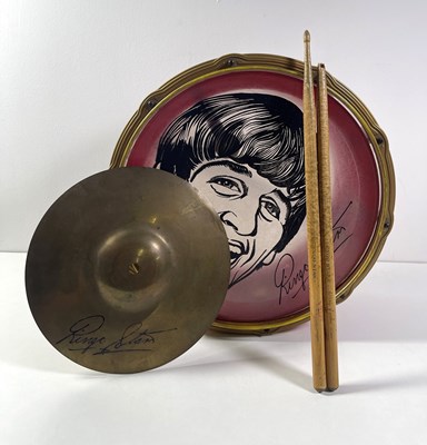 Lot 169 - THE BEATLES - RINGO STARR SELCOL DRUM, DRUMSTICKS, CYMBAL.