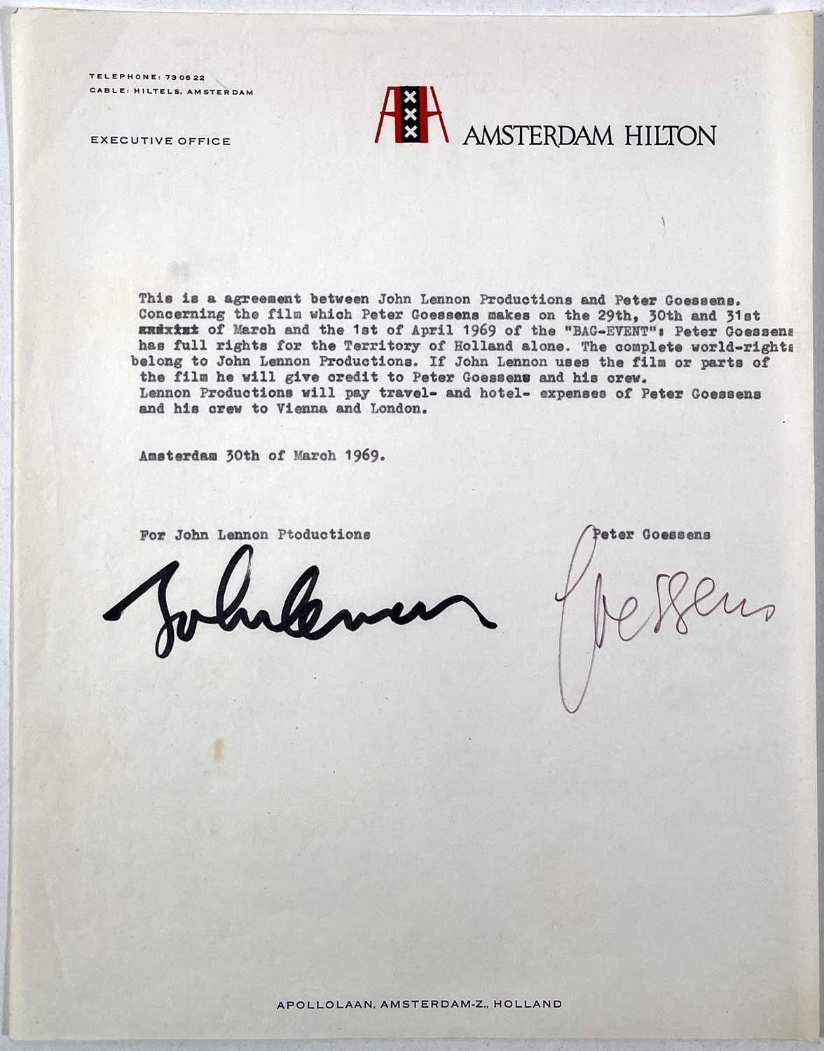 Lot 352 JOHN LENNON A SIGNED 1969 CONTRACT BED